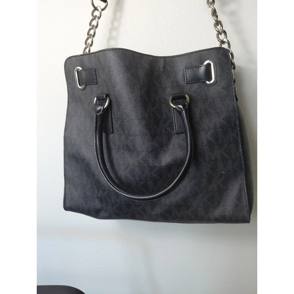 MICHAEL KORS Hamilton Saffiano Satchel Medium Black Leather Silver Accents